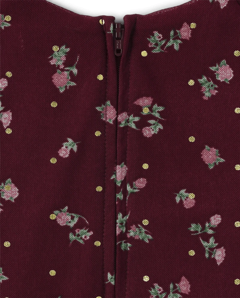 Girls Floral Mesh High Low Dress