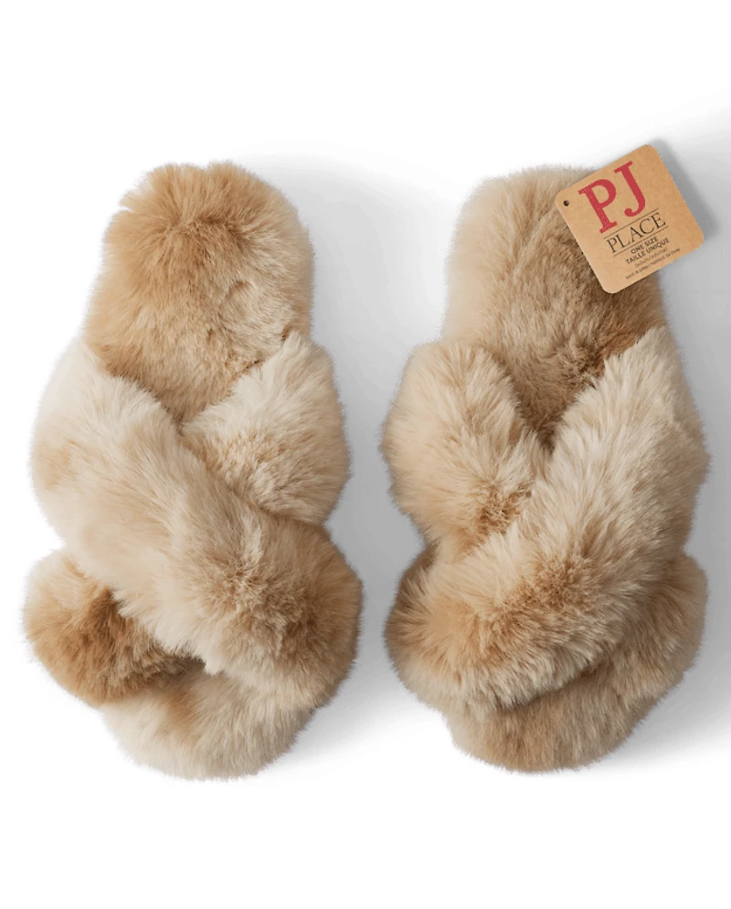 Womens Faux Fur Criss Cross Slippers