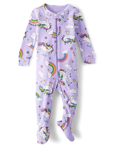 Baby And Toddler Girls Rainbow Unicorn Snug Fit Cotton One Piece Pajamas