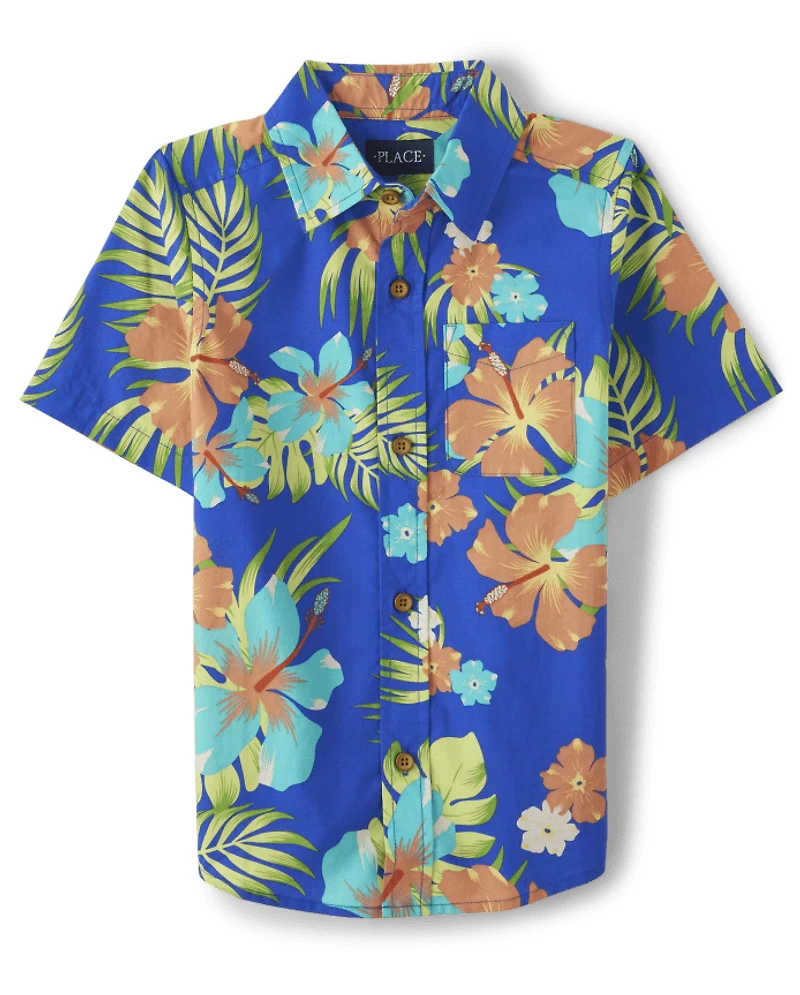 Boys Matching Family Tropical Poplin Button Up Shirt