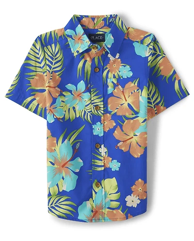 Boys Matching Family Tropical Poplin Button Up Shirt