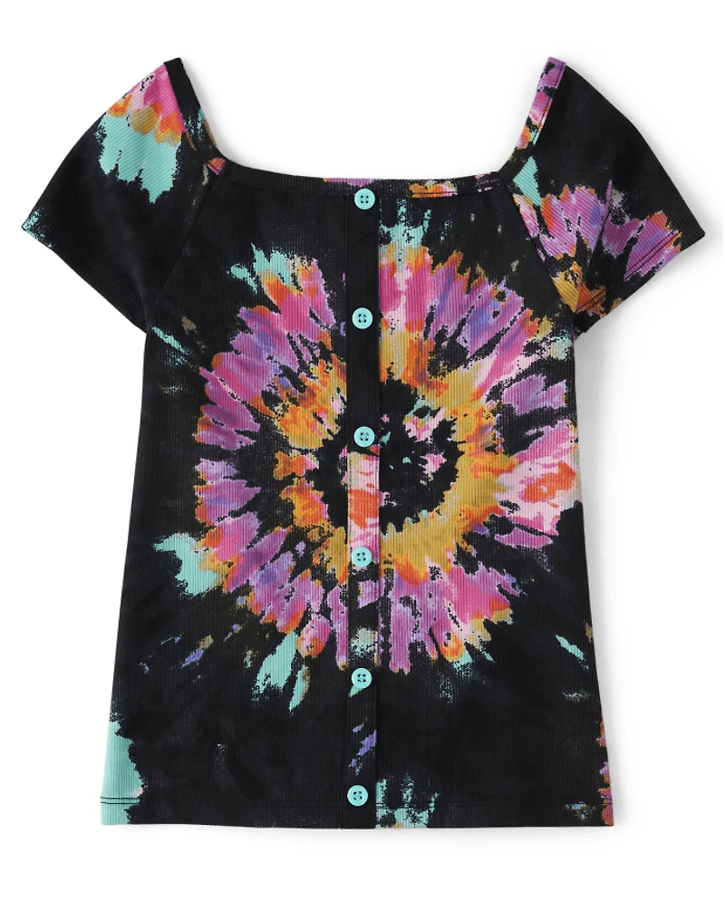 Girls Print Ribbed Button Top