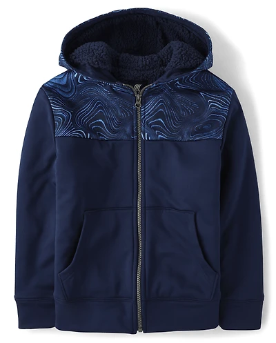 Boys Print Sherpa-Lined Performance Zip-Up Hoodie