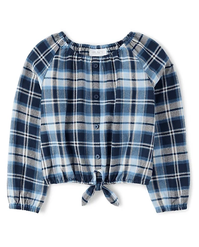 Girls Plaid Flannel Tie Front Top