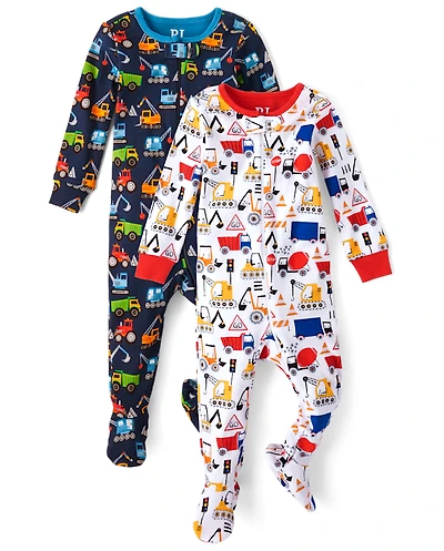 Baby And Toddler Boys Construction Vehicle Snug Fit Cotton One Piece Pajamas 2-Pack