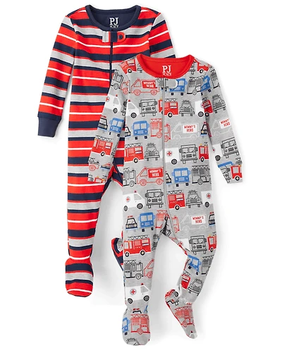 Baby And Toddler Boys Rescue Truck Snug Fit Cotton One Piece Pajamas 2-Pack