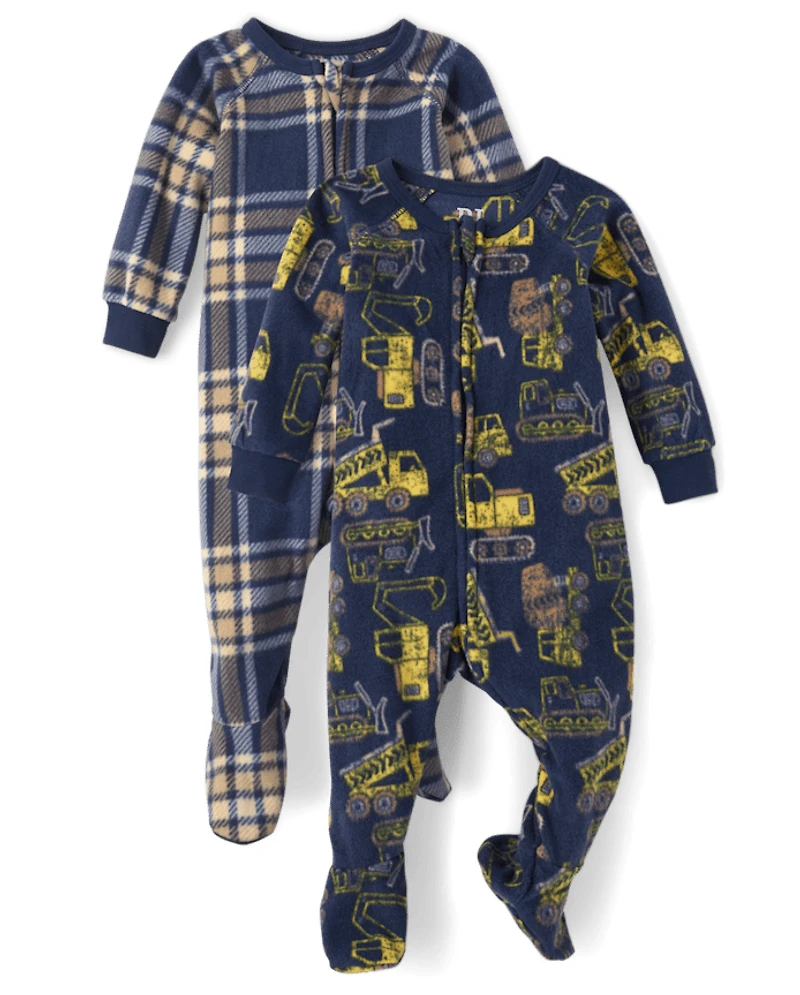Baby And Toddler Boys Plaid Construction Truck Fleece One Piece Pajamas 2-Pack