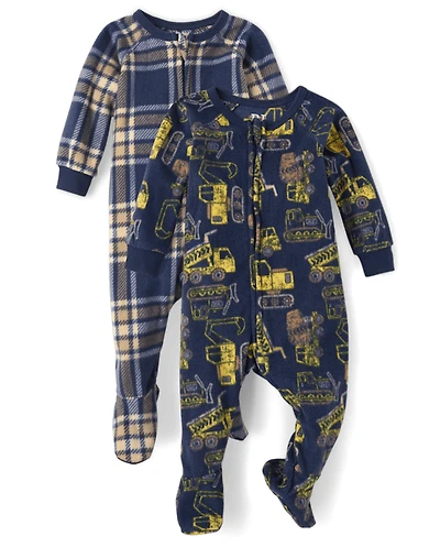 Baby And Toddler Boys Plaid Construction Truck Fleece One Piece Pajamas 2-Pack