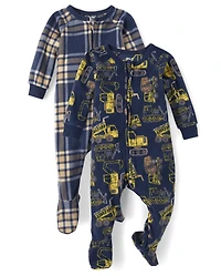 Baby And Toddler Boys Plaid Construction Truck Fleece One Piece Pajamas 2-Pack