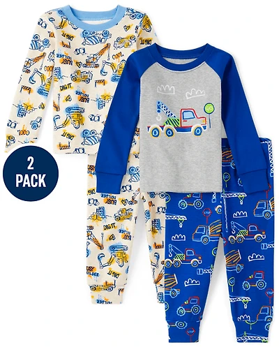 Baby And Toddler Boys Construction Truck Snug Fit Cotton Pajamas 2-Pack