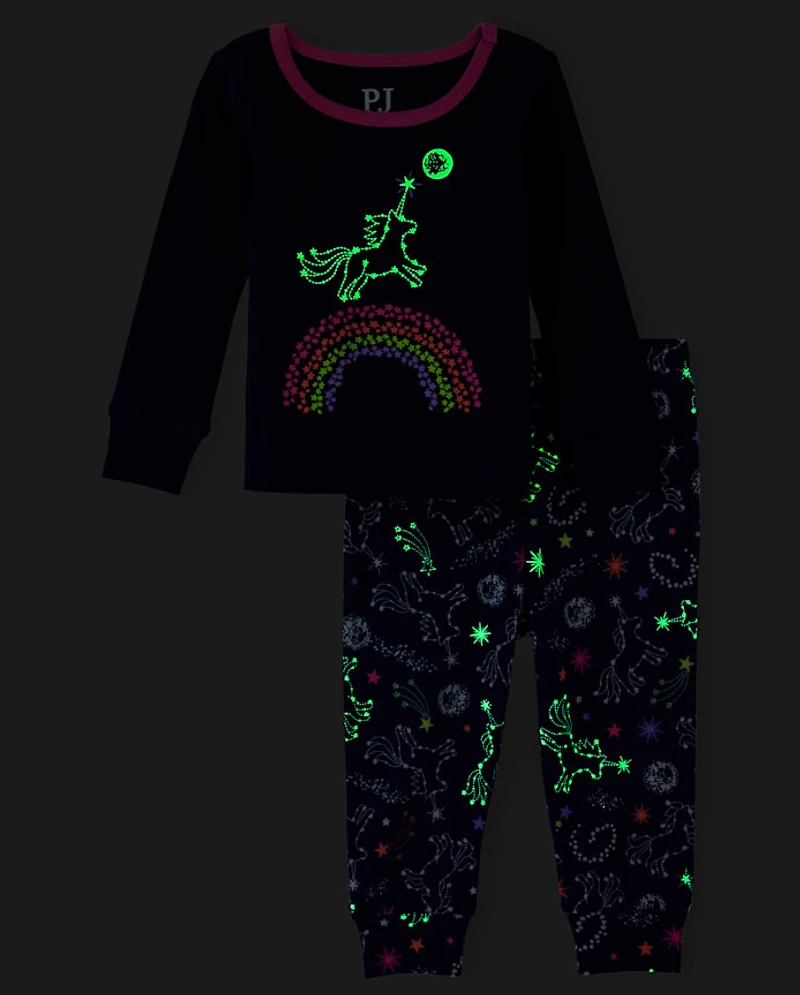 Baby And Toddler Girls Glow Unicorn Rainbow Snug Fit Cotton Pajamas