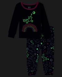 Baby And Toddler Girls Glow Unicorn Rainbow Snug Fit Cotton Pajamas