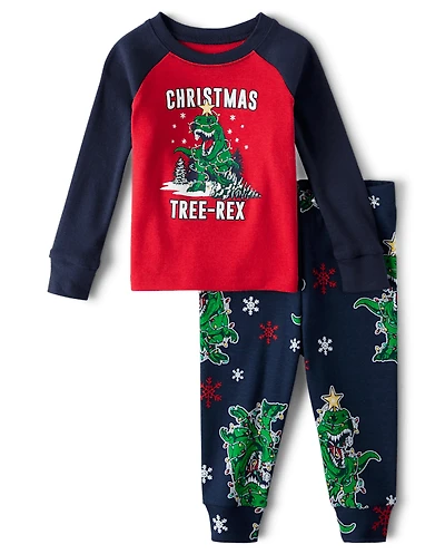 Pyjama en coton ajusté pour bébé et tout-petit, motif arbre de Noël Rex, assorti à la famille