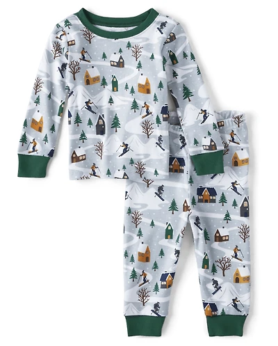 Pyjama en coton ajusté pour bébé et enfant, motif chalet de ski, assorti