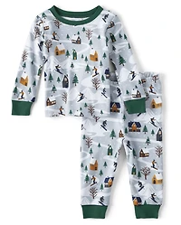 Pyjama en coton ajusté pour bébé et enfant, motif chalet de ski, assorti