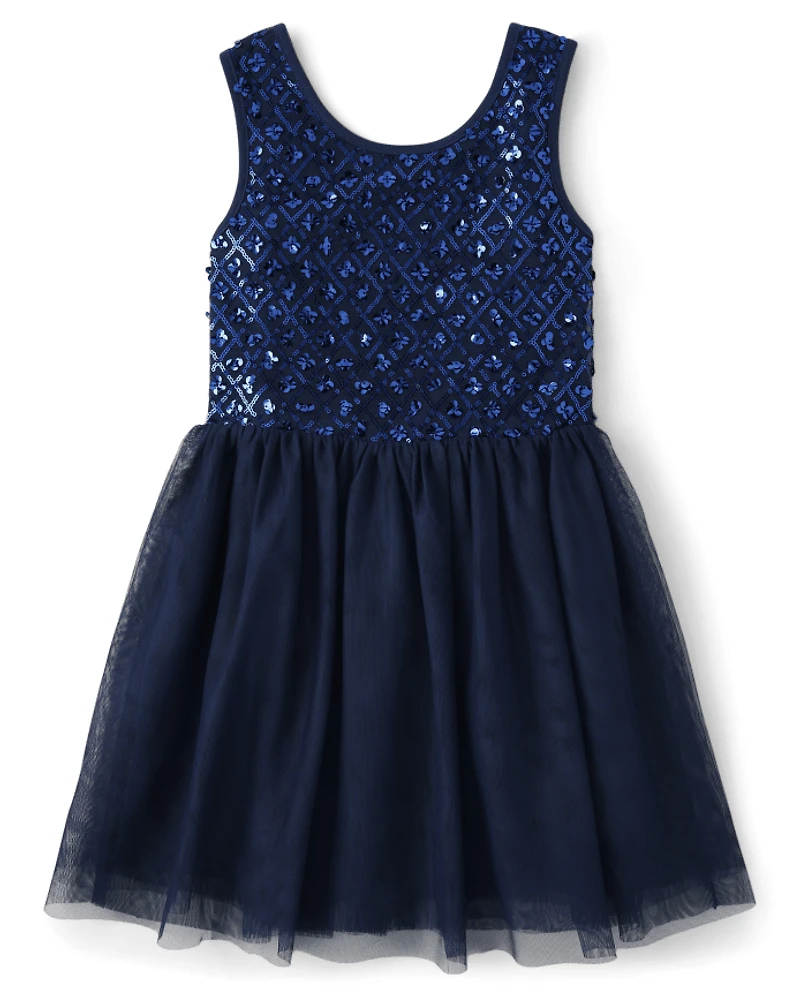 Girls Sequin Mesh Fit And Flare Dress