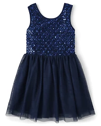 Girls Sequin Mesh Fit And Flare Dress