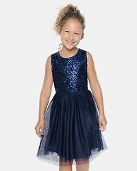 Girls Sequin Mesh Fit And Flare Dress