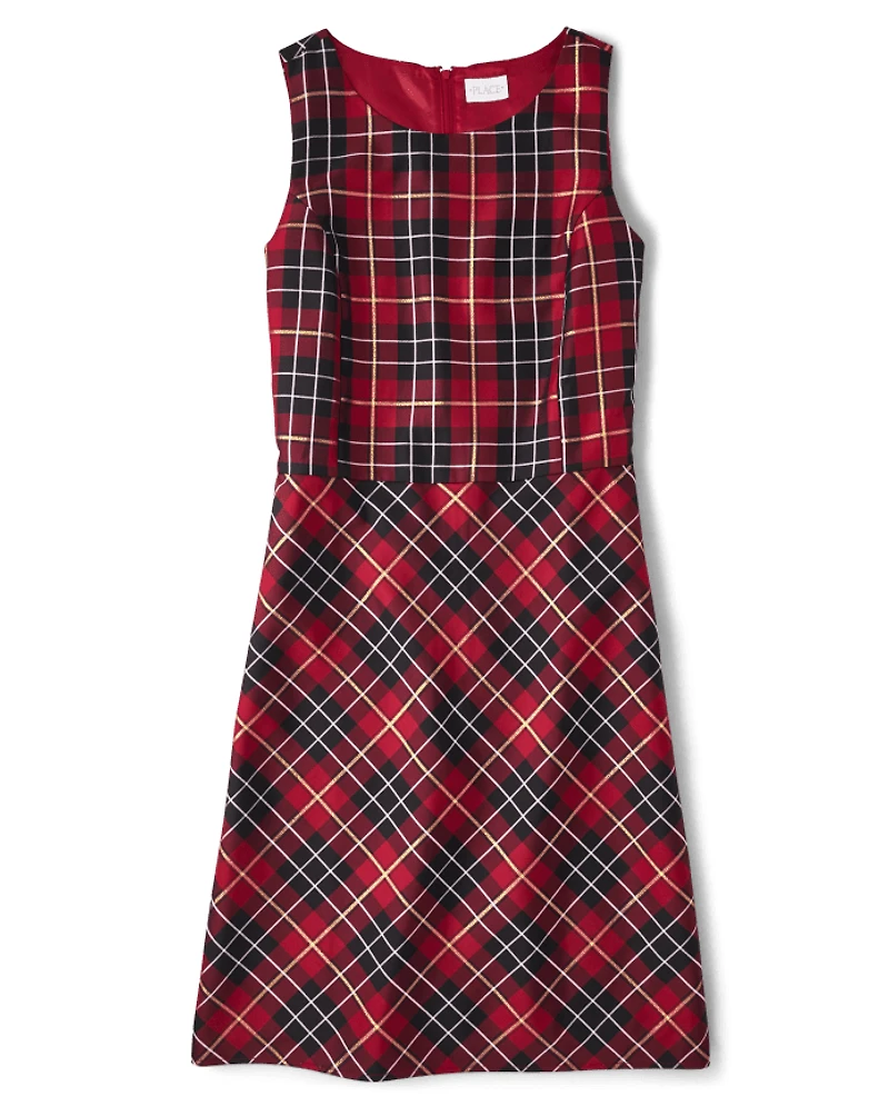 Womens Matching Family Plaid Satin A-Line Dress