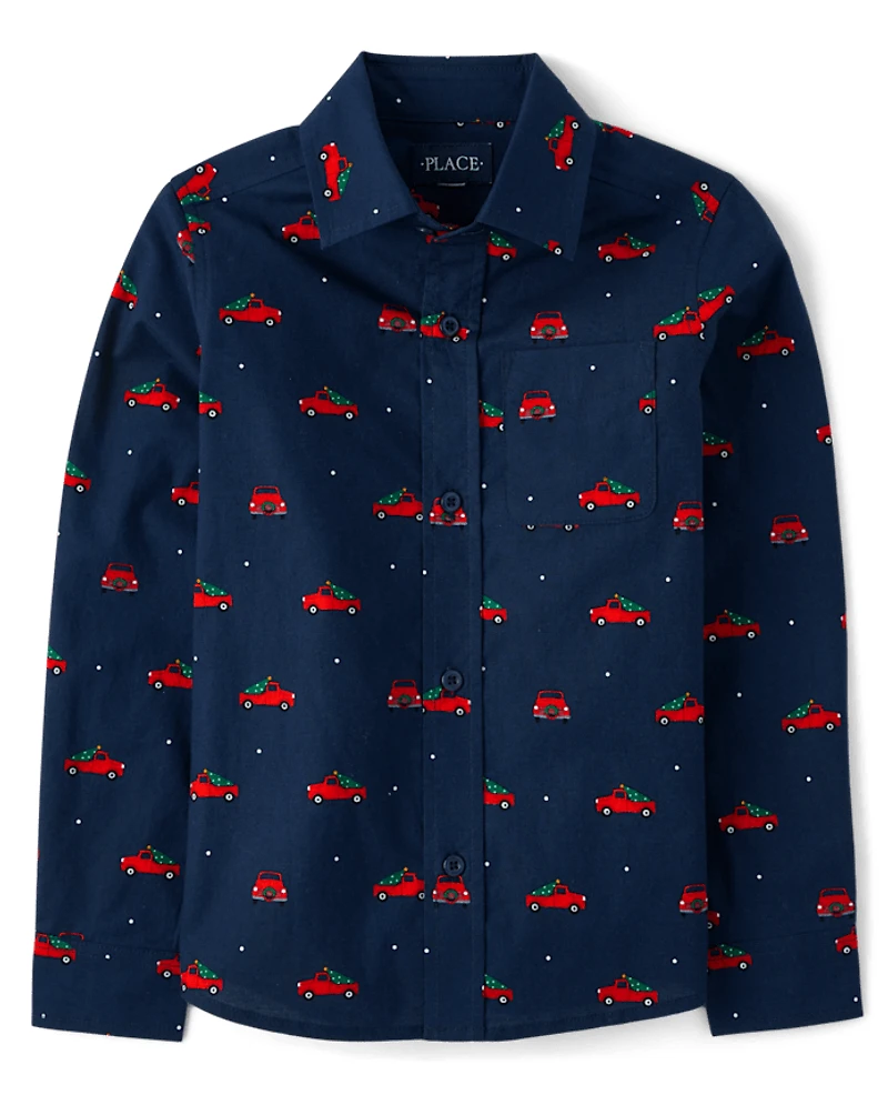 Boys Christmas Truck Poplin Button Up Shirt