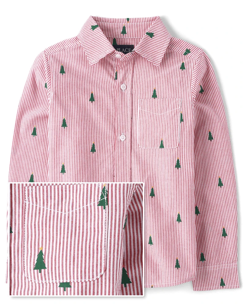Boys Dad And Me Striped Christmas Tree Poplin Button Up Shirt