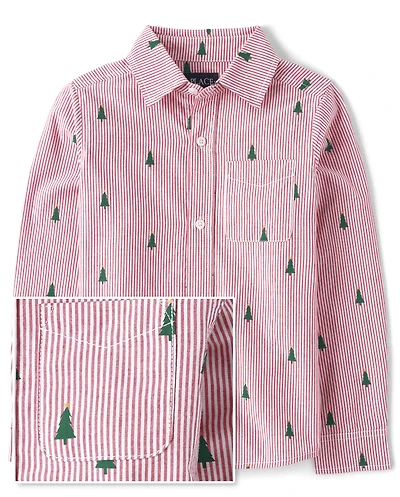 Boys Dad And Me Striped Christmas Tree Poplin Button Up Shirt