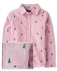 Boys Dad And Me Striped Christmas Tree Poplin Button Up Shirt