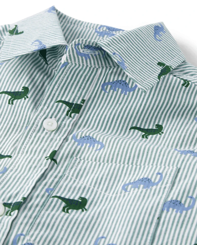 Boys Striped Dino Poplin Button Up Shirt