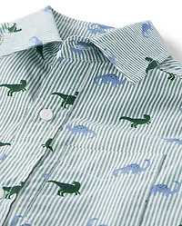 Boys Striped Dino Poplin Button Up Shirt