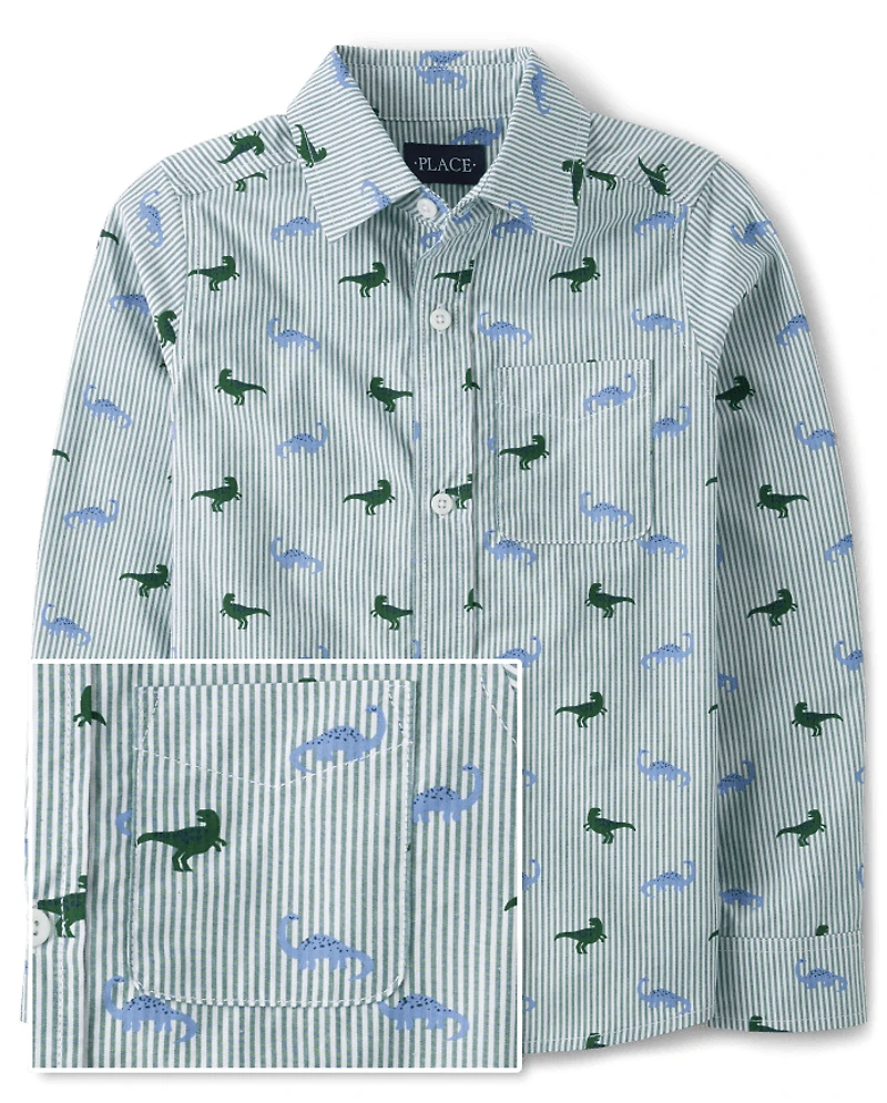 Boys Striped Dino Poplin Button Up Shirt