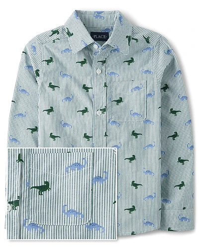 Boys Striped Dino Poplin Button Up Shirt