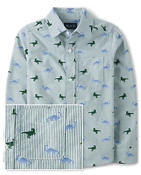Boys Striped Dino Poplin Button Up Shirt