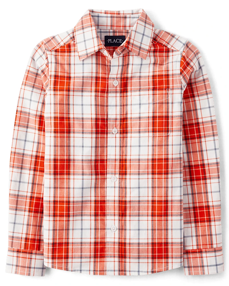 Boys Plaid Poplin Button Up Shirt