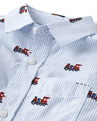 Boys Striped Train Poplin Button Up Shirt