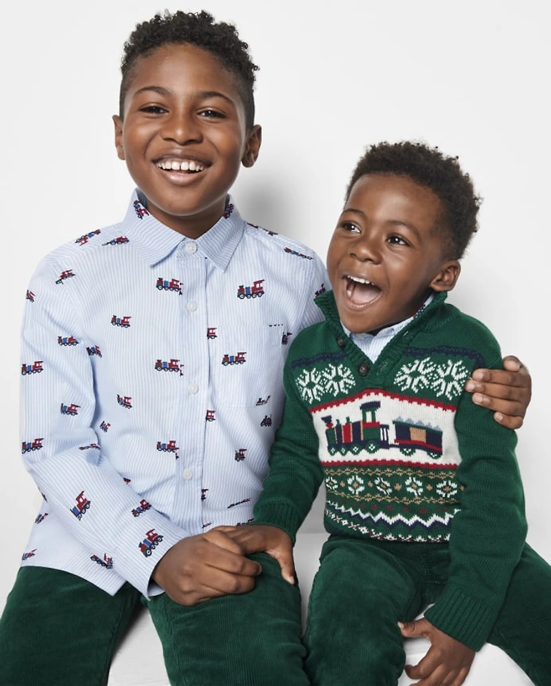 Boys Striped Train Poplin Button Up Shirt