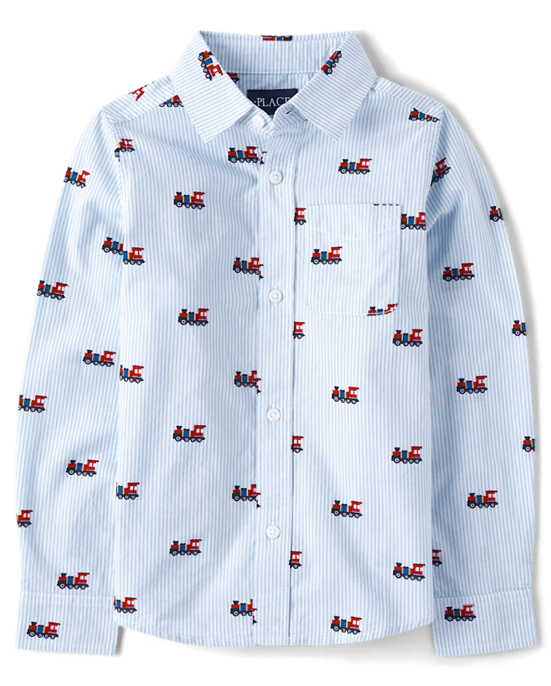 Boys Striped Train Poplin Button Up Shirt