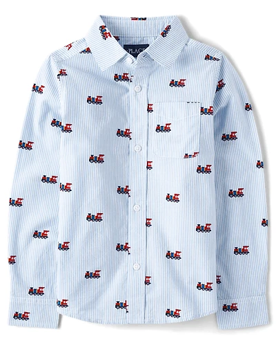 Boys Striped Train Poplin Button Up Shirt