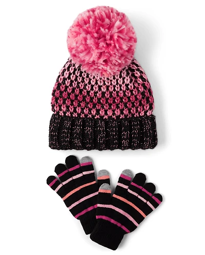 Girls Space Dye Pom Beanie And Texting Gloves 2-Piece Set