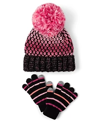 Girls Space Dye Pom Beanie And Texting Gloves 2-Piece Set