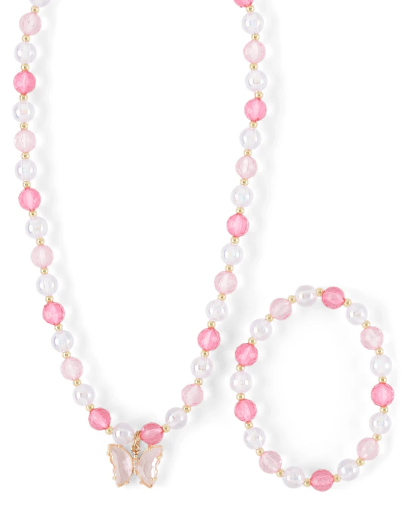 Girls Butterfly Beaded Necklace And Bracelet 2-Piece Jewelry Set