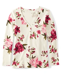 Womens Floral Thermal Henley Pajama Top