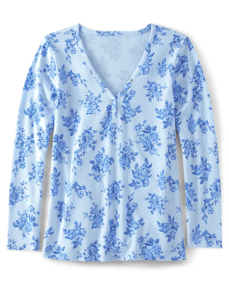 Womens Floral Thermal Henley Pajama Top