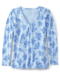 Womens Floral Thermal Henley Pajama Top