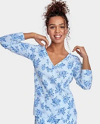 Womens Floral Thermal Henley Pajama Top