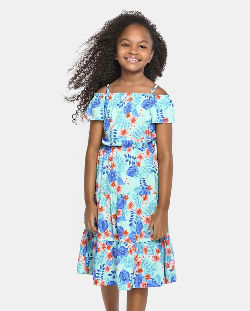Girls Matching Family Tropical Tiered Dress