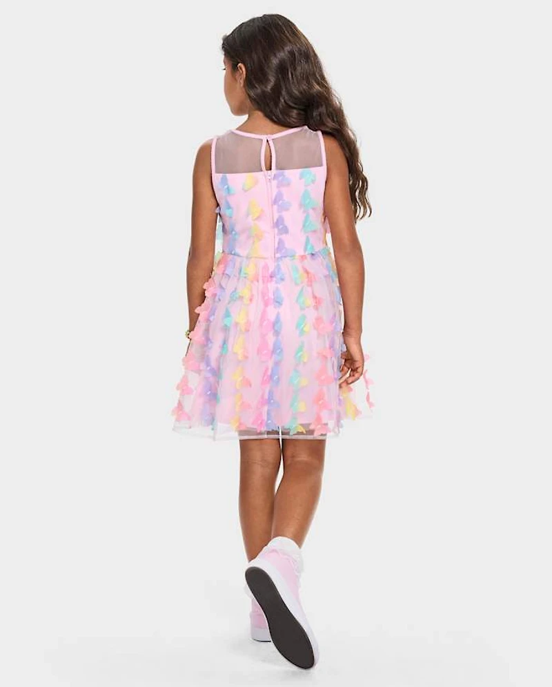 Girls Rainbow 3D Butterfly Mesh Fit And Flare Dress