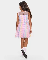 Girls Rainbow 3D Butterfly Mesh Fit And Flare Dress