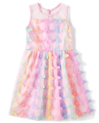 Girls Rainbow 3D Butterfly Mesh Fit And Flare Dress