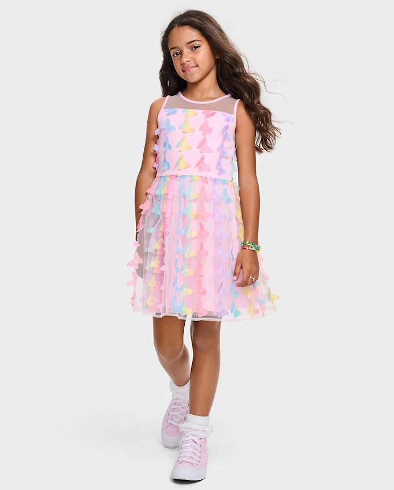 Girls Rainbow 3D Butterfly Mesh Fit And Flare Dress