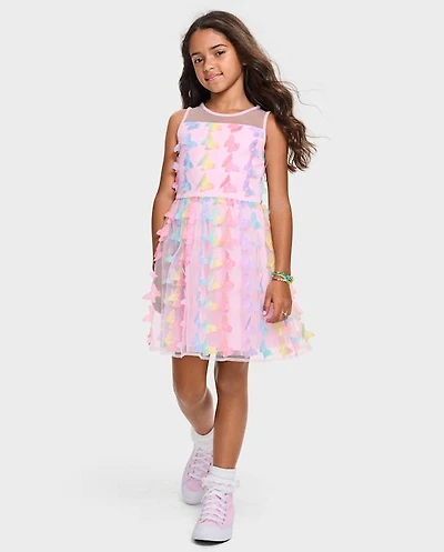 Girls Rainbow 3D Butterfly Mesh Fit And Flare Dress
